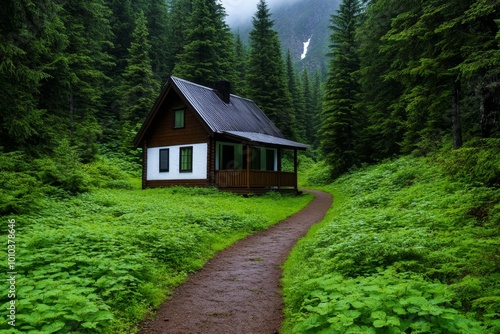 A rural home nestled among a dense forest, with a path leading to a small wooden porch, symbolizing the quiet solitude of rural housing