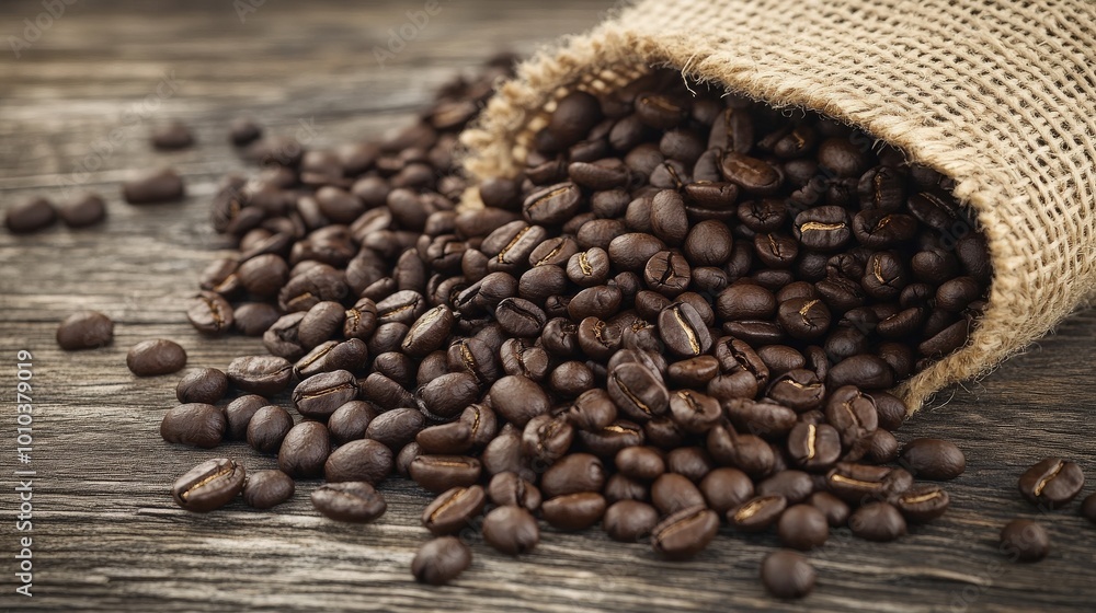 Coffee Beans Spilled From Burlap Sack on Rustic Wooden Background Coffee Beans Spilled From Burlap Sack on Rustic Wooden Background