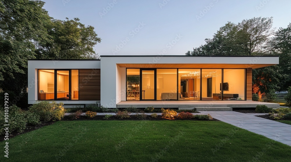 A modern one-story house with white walls, flat roof and wooden windows A modern one-story house with white walls, flat roof and wooden windows