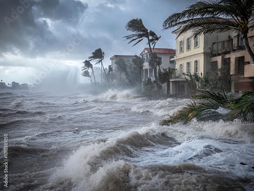 Stunning Close-Up of Storm-Lashed Coastal Neighborhood: Dramatic Waves and Windswept Palm Trees – Perfect for a Sports-Themed Wall Poster or Dramatic Home Decor!
