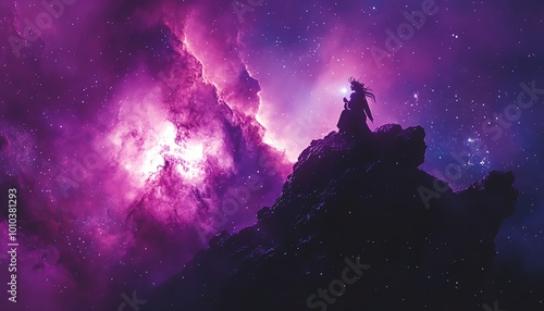 Stunning cosmic landscape with vibrant purple nebula.