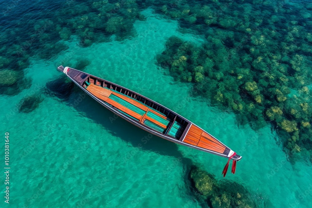 A traditional longtail boat anchored in the clear waters of Kata Beach, with its vibrant wooden hull contrasting against the turquoise sea, symbolizing the iconic island life of Phuket A traditional longtail boat anchored in the clear waters of Kata Beach, with its vibrant wooden hull contrasting against the turquoise sea, symbolizing the iconic island life of Phuket
