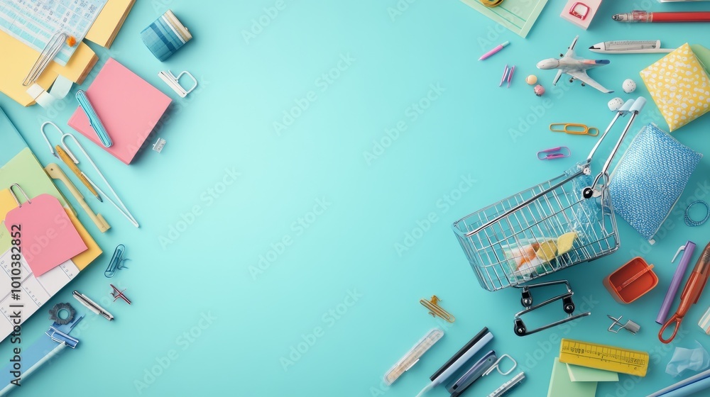 A blue background with a shopping cart and various office supplies around the perimeter, leaving a large blank space in the center for text. A blue background with a shopping cart and various office supplies around the perimeter, leaving a large blank space in the center for text.