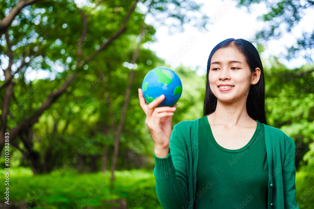 An Asian woman holds a globe in a green forest,symbolizing the importance of preserving nature.emphasizes balance between humans, natural resources,sustainable environmental development protect An Asian woman holds a globe in a green forest,symbolizing the importance of preserving nature.emphasizes balance between humans, natural resources,sustainable environmental development protect