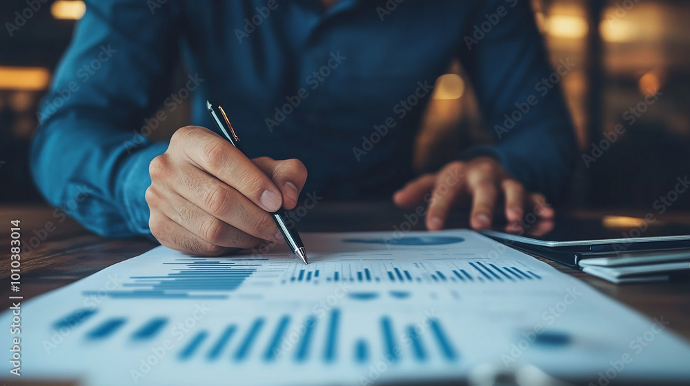 Accountant reviewing financial statements and preparing reports for a corporate audit. Accountant reviewing financial statements and preparing reports for a corporate audit.