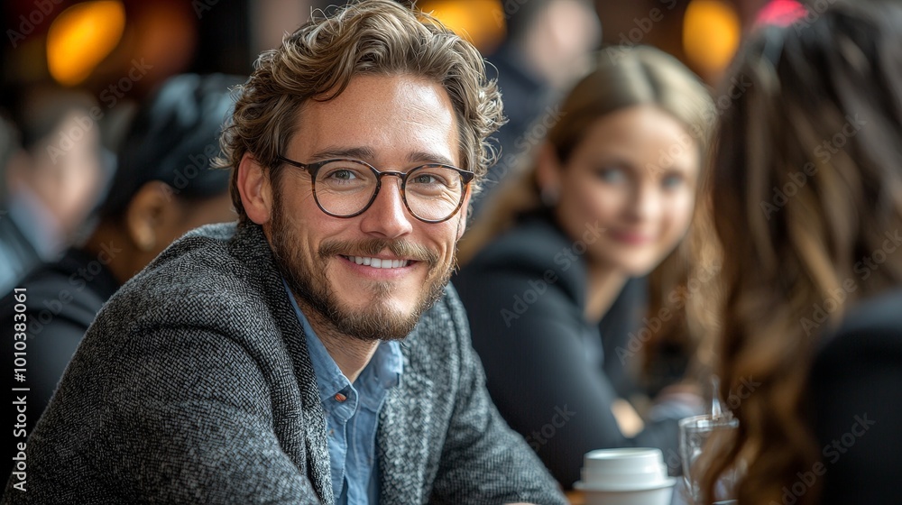 A smiling man in a café setting, engaging with others in a social atmosphere. A smiling man in a café setting, engaging with others in a social atmosphere.