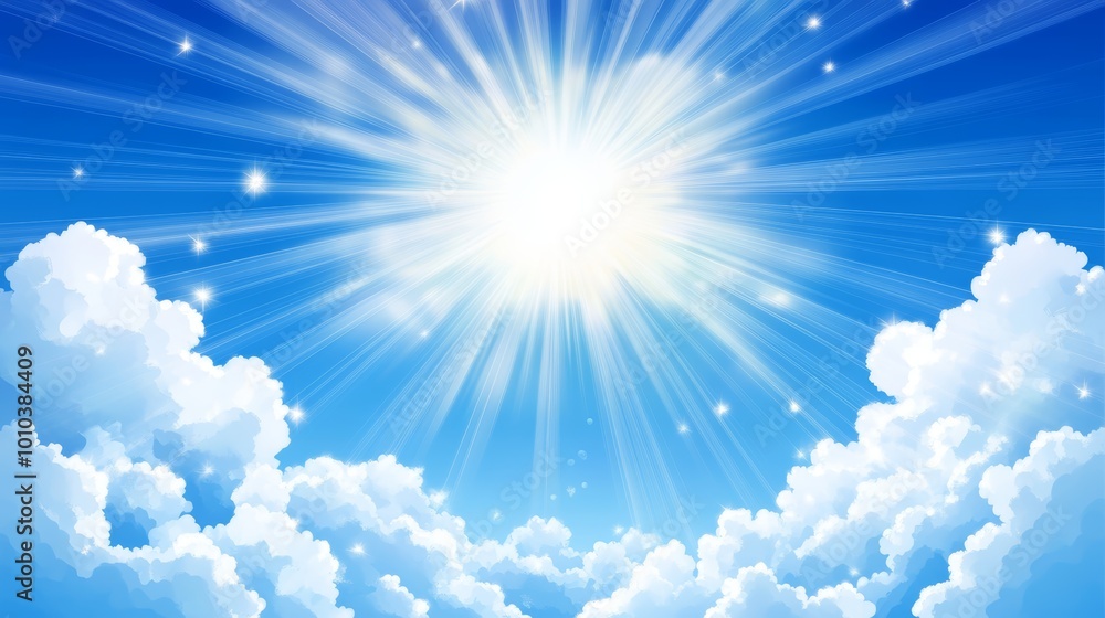 Radiant sunbeams pierce through fluffy white clouds in a vibrant blue sky Radiant sunbeams pierce through fluffy white clouds in a vibrant blue sky