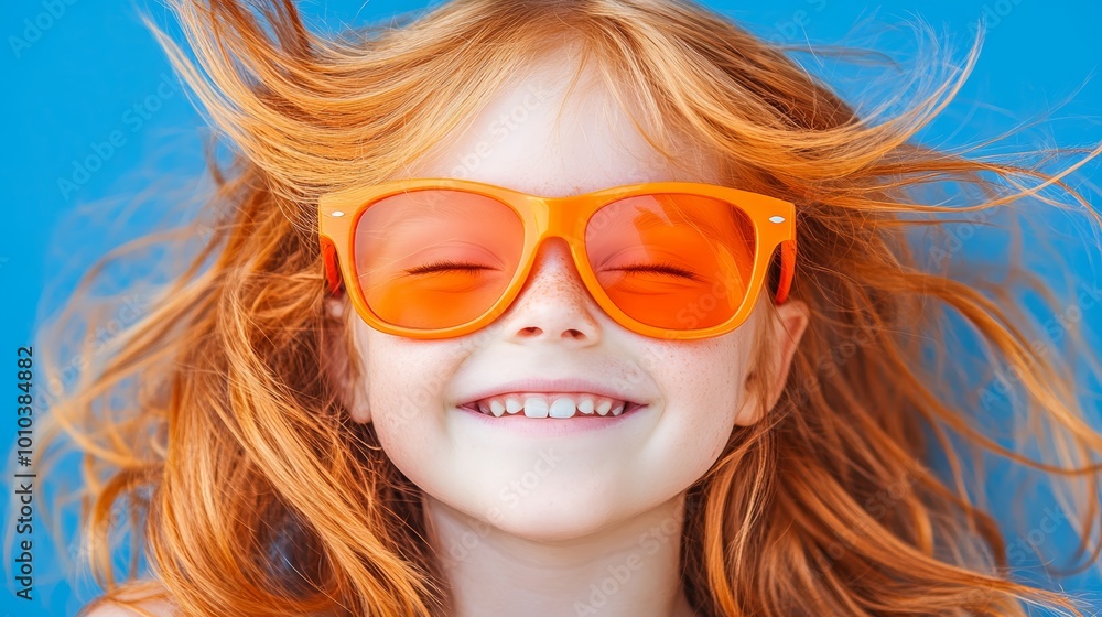 Little redhead girl in orange sunglasses radiates joy on a sunny day Little redhead girl in orange sunglasses radiates joy on a sunny day