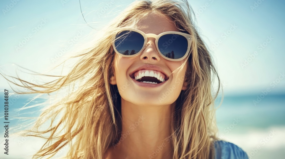 Smiling woman in sunglasses enjoys a sunny day at the beach Smiling woman in sunglasses enjoys a sunny day at the beach
