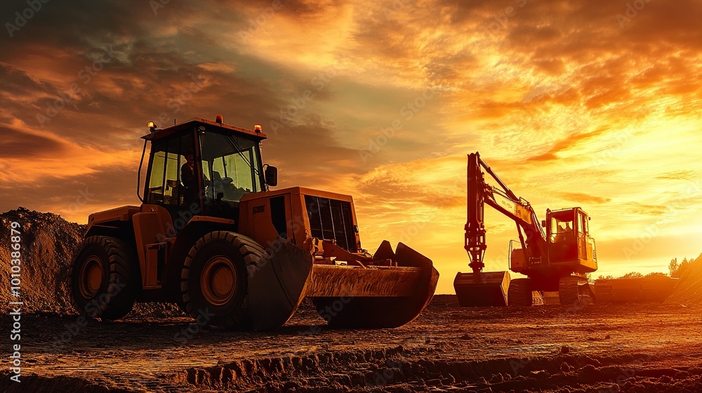 Construction Machinery at Sunset: Excavator and Bulldozer on Site Construction Machinery at Sunset: Excavator and Bulldozer on Site