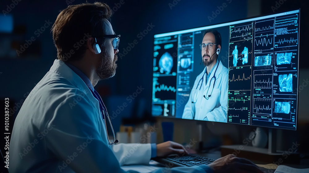 Doctor use computer AI technology support for telemedicine services, enabling high-quality healthcare delivery to patients in remote or underserved areas efficiently. Doctor use computer AI technology support for telemedicine services, enabling high-quality healthcare delivery to patients in remote or underserved areas efficiently.