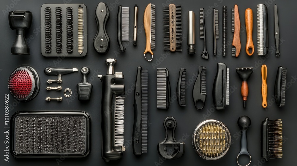 Fototapeta premium A collection of various cleaning tools, brushes, and other cleaning supplies arranged on a dark surface.