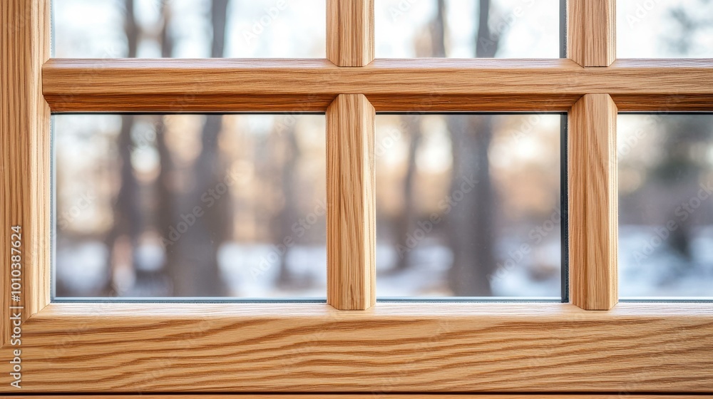Fototapeta premium A classic wooden window frame stands out against a soft, blurred backdrop, showcasing timeless craftsmanship and charm.