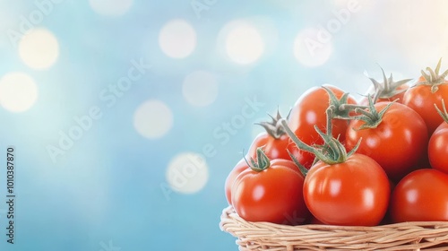 Fresh, ripe tomatoes fill a basket, bursting with flavor and color against a softly blurred backdrop. A harvest delight waits photo