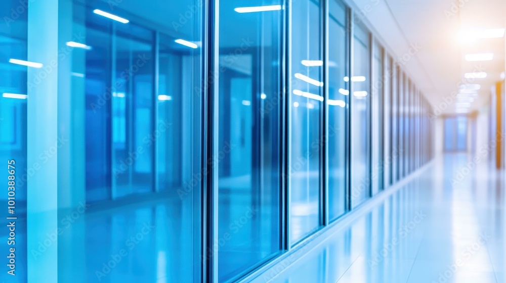 A vacant office corridor, dimly lit with blue tinted windows casting eerie reflections at night. A vacant office corridor, dimly lit with blue tinted windows casting eerie reflections at night.