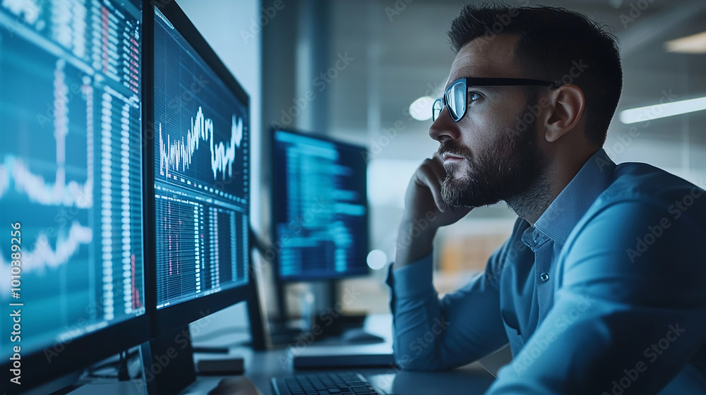 Fototapeta premium Financial analyst examining stock market trends on a computer in a modern workspace.
