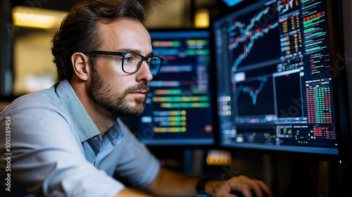 Financial analyst examining stock market trends on a computer in a modern workspace.