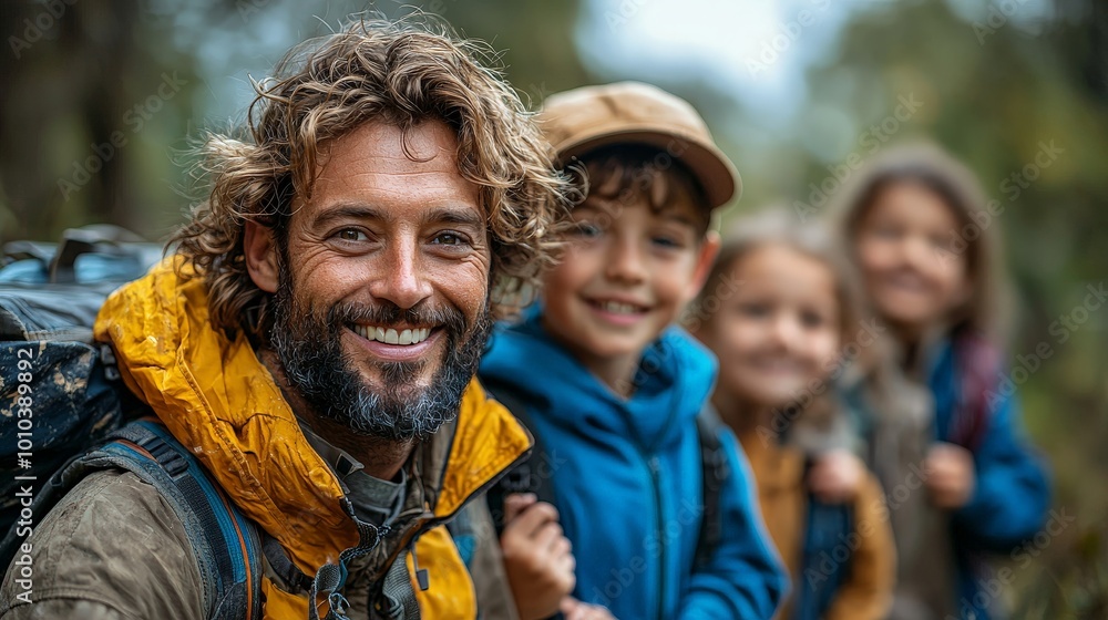 A smiling man with children on a hiking trip, enjoying nature together. A smiling man with children on a hiking trip, enjoying nature together.