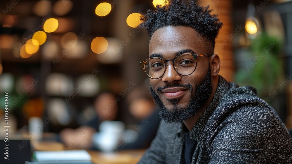 A smiling man with glasses in a cozy café setting, exuding warmth and friendliness. A smiling man with glasses in a cozy café setting, exuding warmth and friendliness.