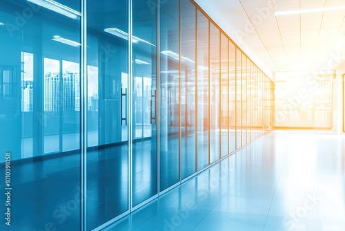 Modern office corridor with glass walls and bright sunlight.