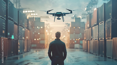 Double exposure Businessman adopts drone technology for rapid last-mile delivery solutions. photo