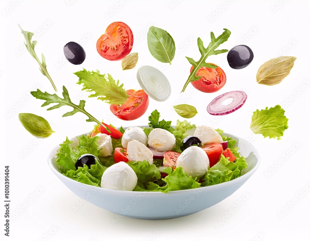 salad ingredients seem to be flying, on a white background. salad ingredients seem to be flying, on a white background.