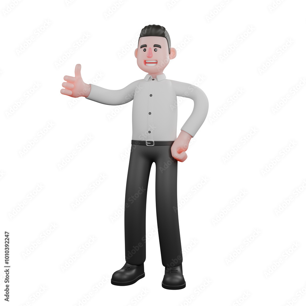 3D Urban Male.. A male businessman is standing with his left hand bent at his waist while his right hand is raised and pointing his thumb. Businessman Character Illustration 3D Urban Male.. A male businessman is standing with his left hand bent at his waist while his right hand is raised and pointing his thumb. Businessman Character Illustration