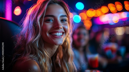 A smiling woman in a vibrant setting, enjoying drinks with friends.