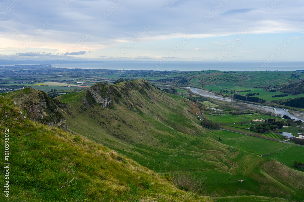 A sweeping view of green hills and valleys extending toward the distant ocean in New Zealand. The soft colors and winding river enhance the vastness of the natural landscape. A sweeping view of green hills and valleys extending toward the distant ocean in New Zealand. The soft colors and winding river enhance the vastness of the natural landscape.