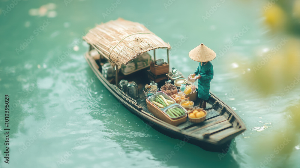 Obraz premium miniature boat floating on tranquil water, featuring vendor in traditional attire selling fresh produce and herbs. scene captures essence of vibrant market atmosphere