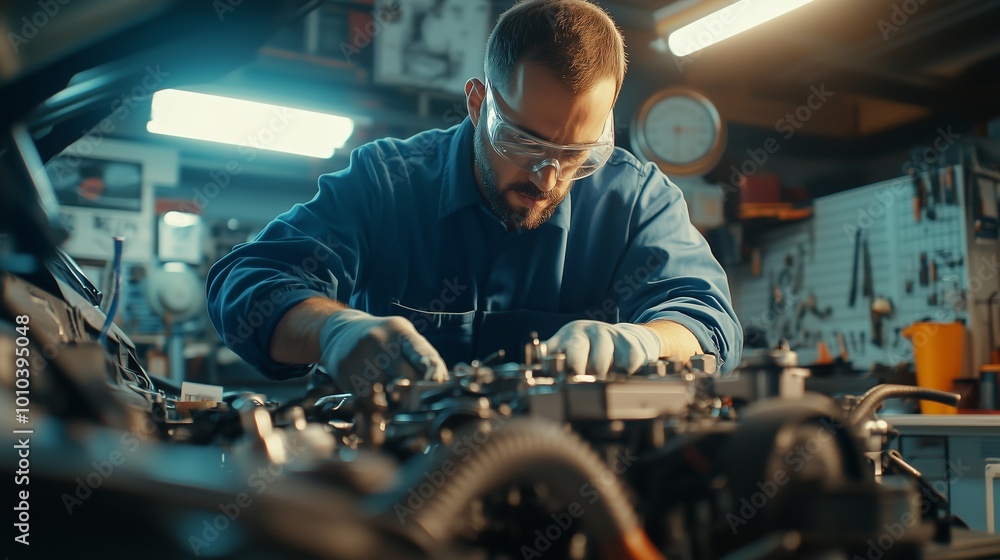 A skilled mechanic inspects a car engine in a bright, organized garage filled with tools and parts. A skilled mechanic inspects a car engine in a bright, organized garage filled with tools and parts.