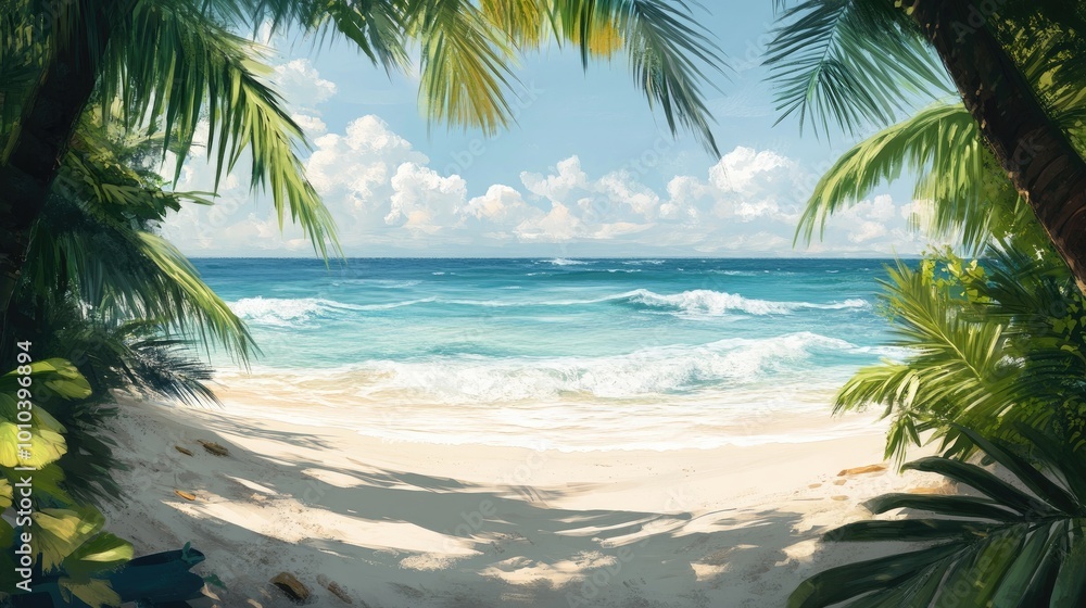 A beautiful white sand beach with soft waves lapping at the shore, framed by palm trees and a bright, clear sky, evoking paradise A beautiful white sand beach with soft waves lapping at the shore, framed by palm trees and a bright, clear sky, evoking paradise