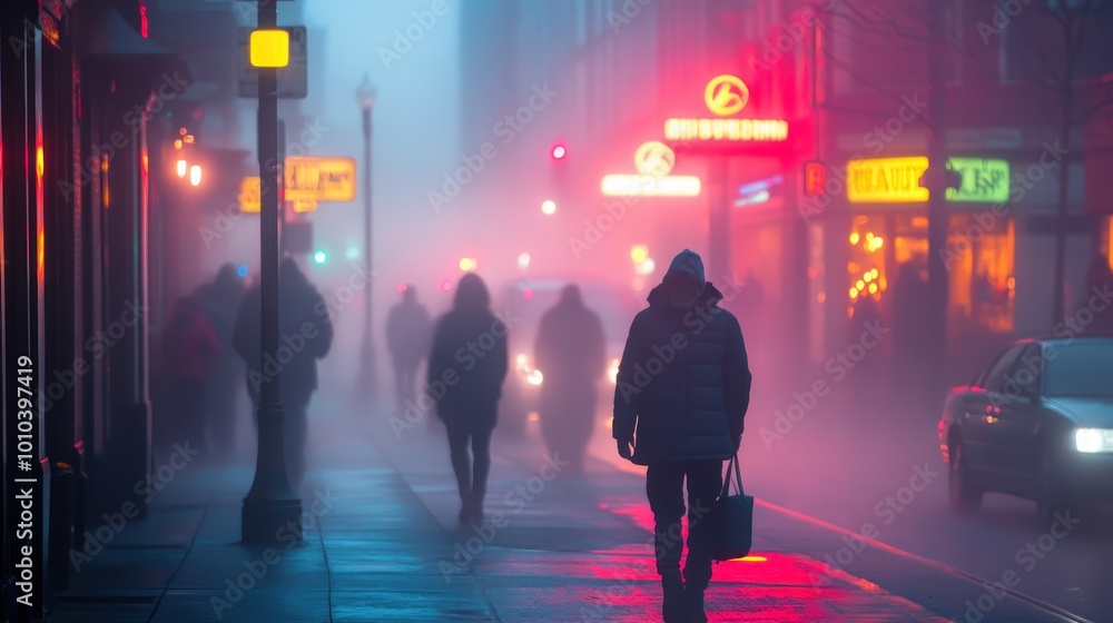 A foggy urban street scene with pedestrians and glowing neon lights. A foggy urban street scene with pedestrians and glowing neon lights.