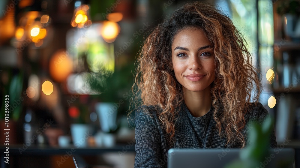 A smiling woman with curly hair sits at a laptop in a cozy, plant-filled café. A smiling woman with curly hair sits at a laptop in a cozy, plant-filled café.