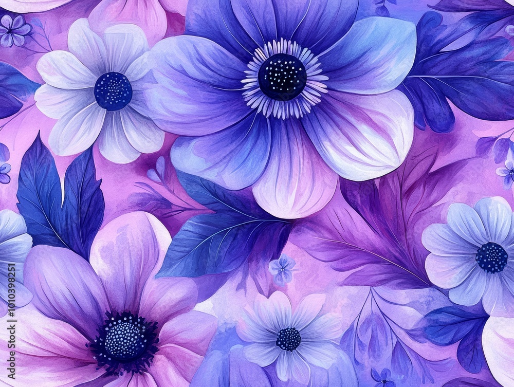 Seamless pattern of a vibrant arrangement of purple and white flowers, showcasing their delicate petals and lush greenery against a soft background. Seamless pattern of a vibrant arrangement of purple and white flowers, showcasing their delicate petals and lush greenery against a soft background.