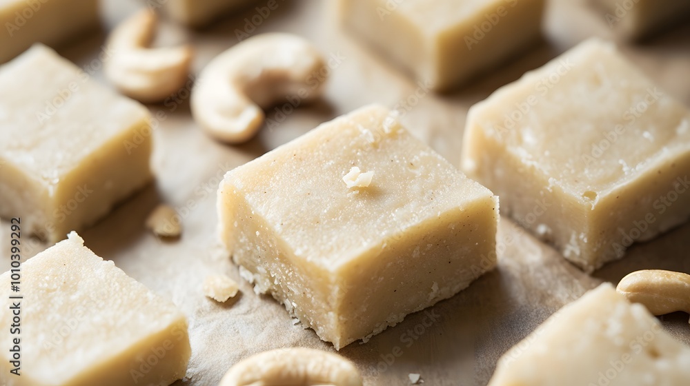 Close-up of cashew katli with a smooth texture Close-up of cashew katli with a smooth texture