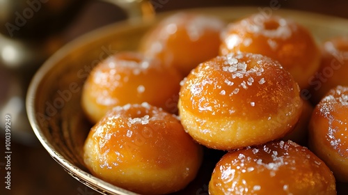 Golden brown balushahi sweets with a sugar glaze photo