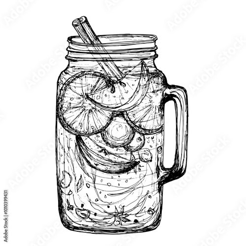 Jar of hot mulled wine with cinnamon, sketch hand drawn illustration. Vector illustration of autumn fruit tea isolated on white background.