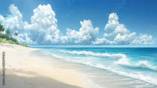 A serene white sand beach with gentle waves, a peaceful shoreline, and soft clouds drifting across a bright blue sky in a realistic tropical setting