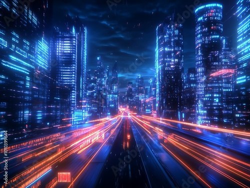 cityscape by vibrant neon lights at night showcasing a digital highway effect