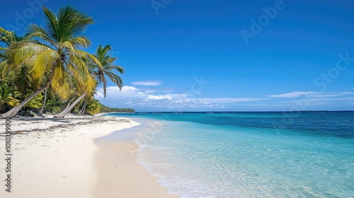 Wallpaper Mural A serene white sand beach with vibrant blue waters, palm trees swaying in the breeze, and a cloudless sky, offering a tropical paradise Torontodigital.ca