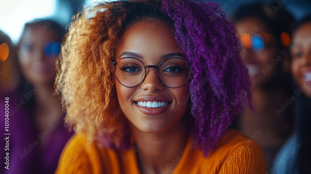 A smiling young woman with colorful hair and glasses in a social setting. A smiling young woman with colorful hair and glasses in a social setting.