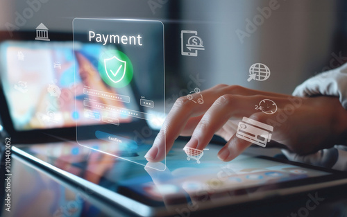 Business person initiates an online payment transaction, showcasing secure and efficient methods. Learn the best practices for safe online payment transactions. EIDE photo