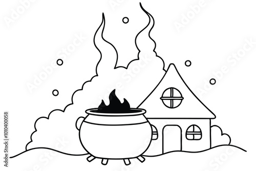 black smoke emanating from a large boiling witches cauldron F.eps