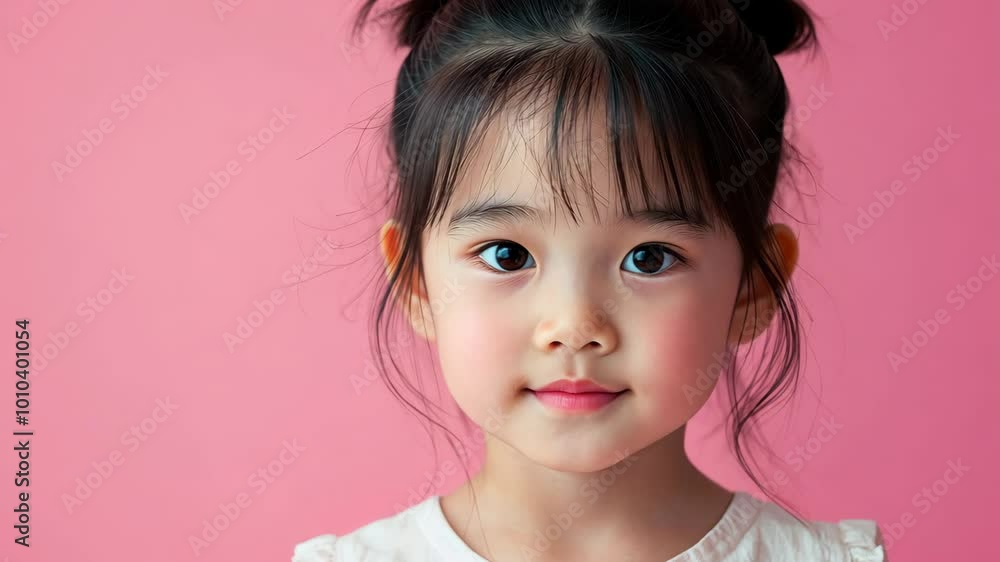 A young girl with black hair and bangs smiles for the camera against a pink background A young girl with black hair and bangs smiles for the camera against a pink background