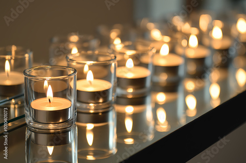 a row of clear glass tea light holders, each holding a softly flickering tea light candle, is carefully arranged on a mirrored surface