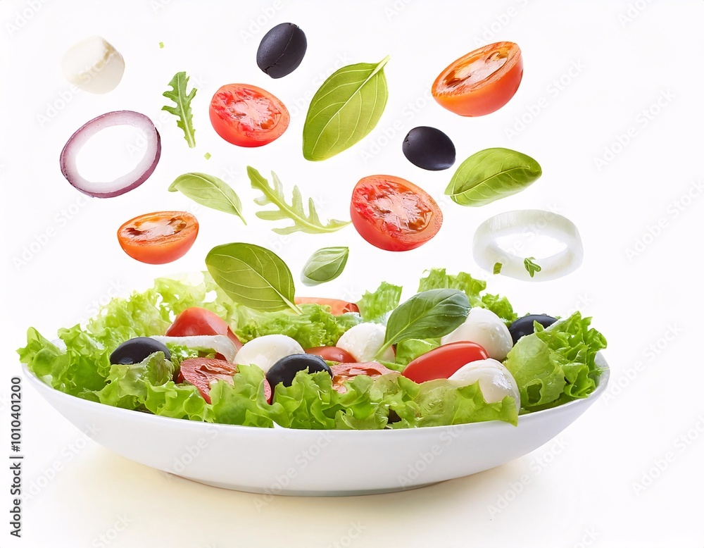 salad ingredients seem to be flying, on a white background. salad ingredients seem to be flying, on a white background.