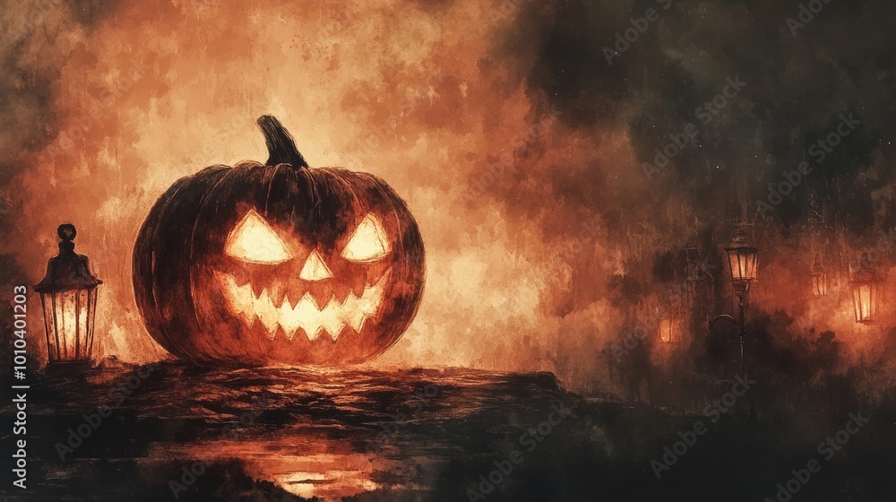 Fototapeta premium Vintage-style Jack-o-lantern, glowing softly in the dark with flickering sparks, surrounded by old lanterns, sepia tones, watercolor illustration, eerie and nostalgic Halloween atmosphere