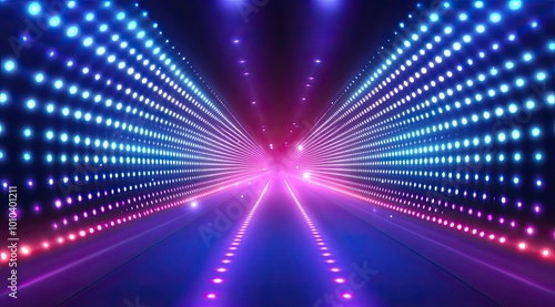 Abstract futuristic background featuring neon laser light beams and colorful dots in red  blue  purple  and pink  forming a vibrant tunnel or space with glowing textures and light rays in the dark.
