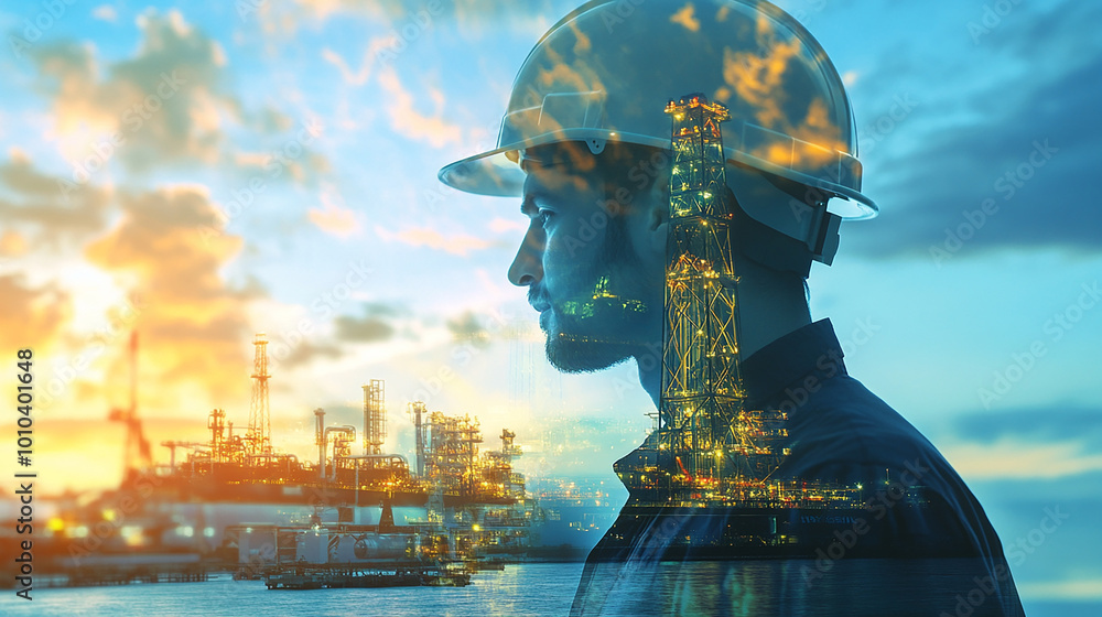 Obraz premium Double exposure Engineer hardhat pioneers the use of hybrid energy systems for more efficient global shipping operations.